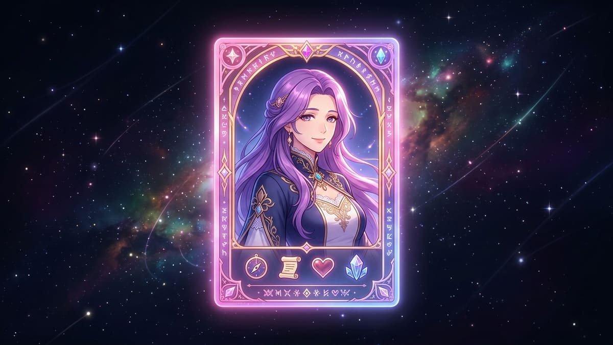 An illustrated character profile card showing a confident realistic woman with notes about her personality