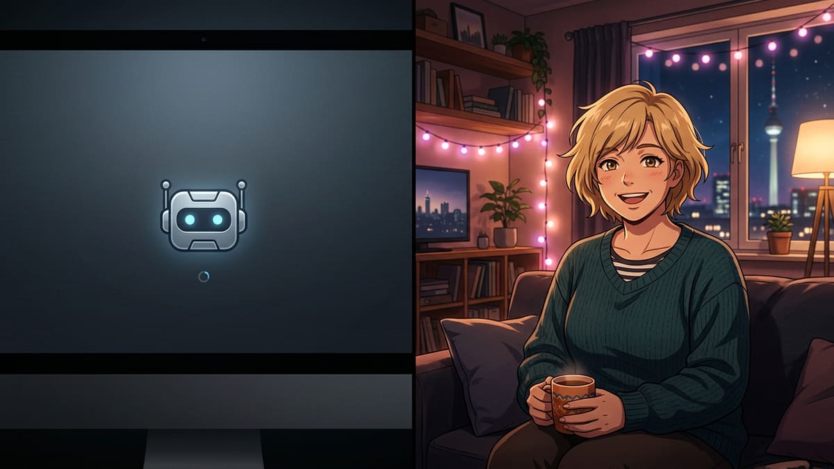 Geteiltes Bild: links eine nachdenkliche realistische junge Frau, rechts ein schlichtes Chatbot-Fenster