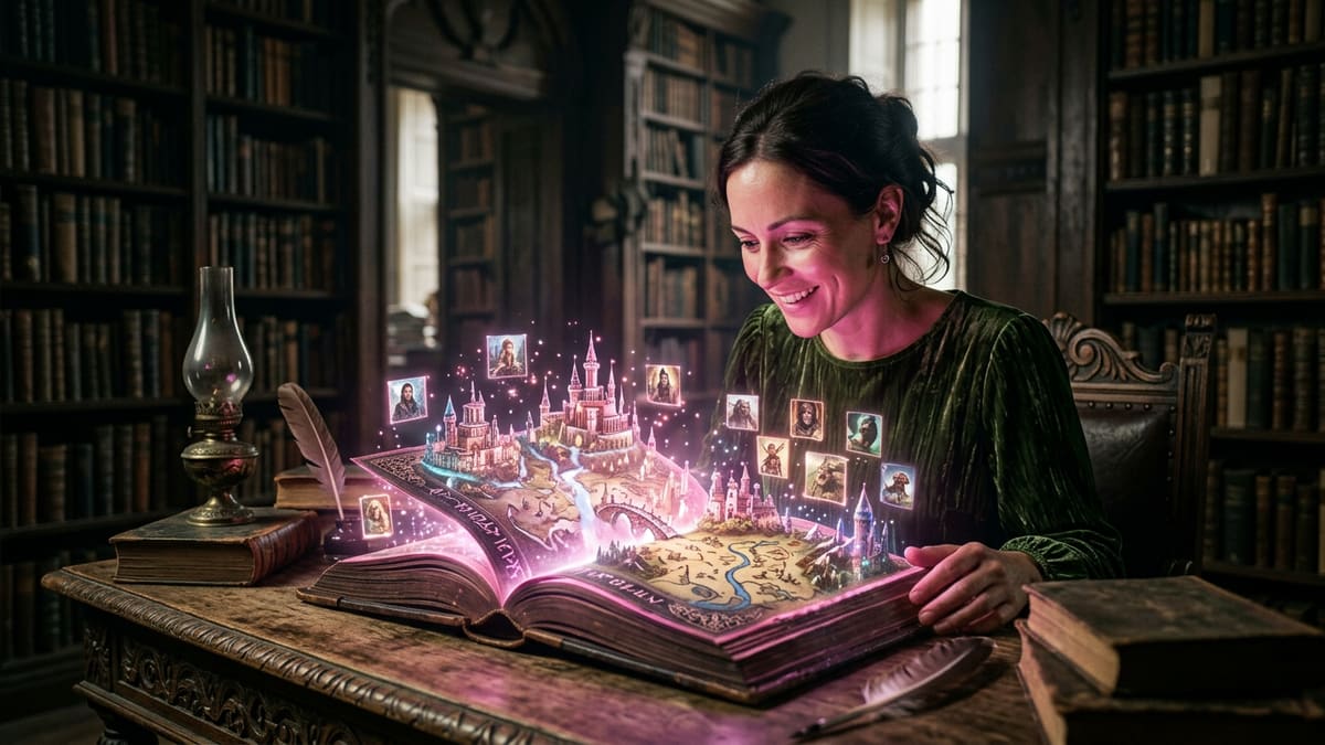 An open glowing book with floating notes and a small anime character portrait above its pages