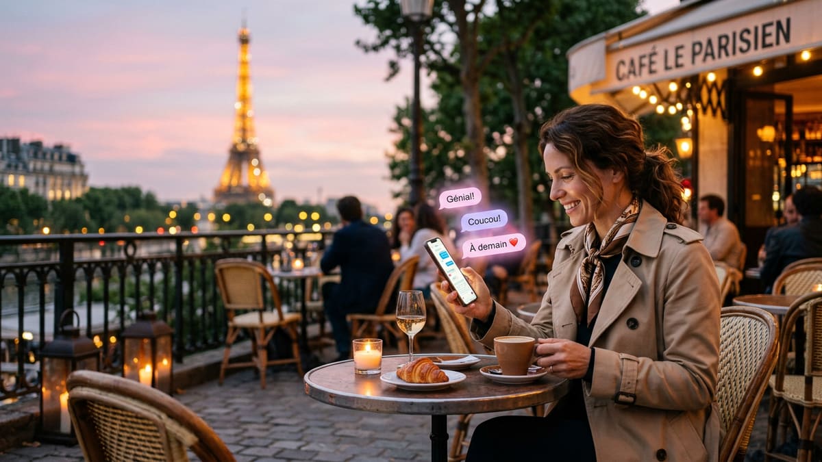 Une jeune femme réaliste et souriante dans un café parisien, éclairée par une lumière douce, regardant son téléphone